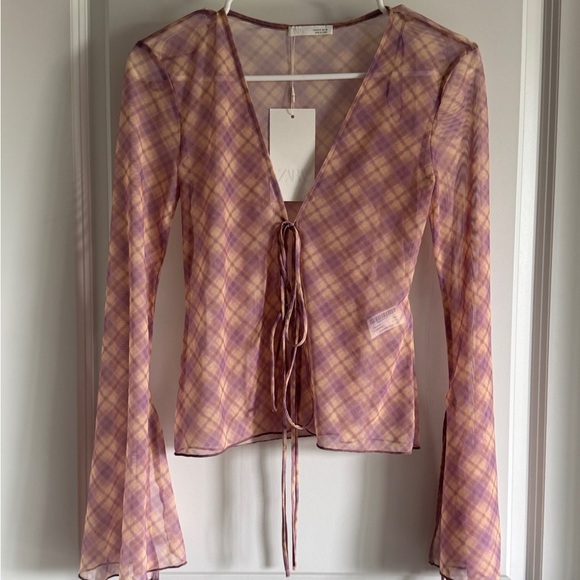 Zara Pink Checkered Maxi skirt and Flared Sleeves top - Picture 4 of 10